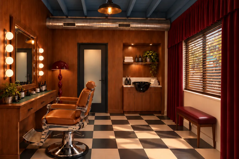Concept rendering, virtually staged: Storefront 1 as a barber shop, looking toward the back wall with a shampoo station and lit mirror