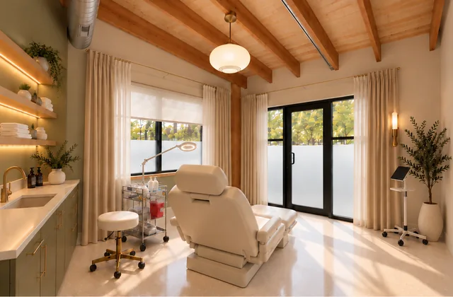 Concept rendering, virtually staged: Storefront 1 at 7195 Manchester as a med spa and injector suite, with a treatment chair, sage-green cabinetry, a sink and the glass storefront door