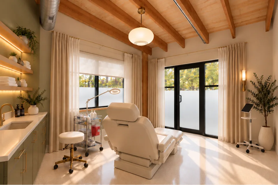 Concept rendering, virtually staged: Storefront 1 at 7195 Manchester as a med spa and injector suite with a treatment chair and the glass storefront door