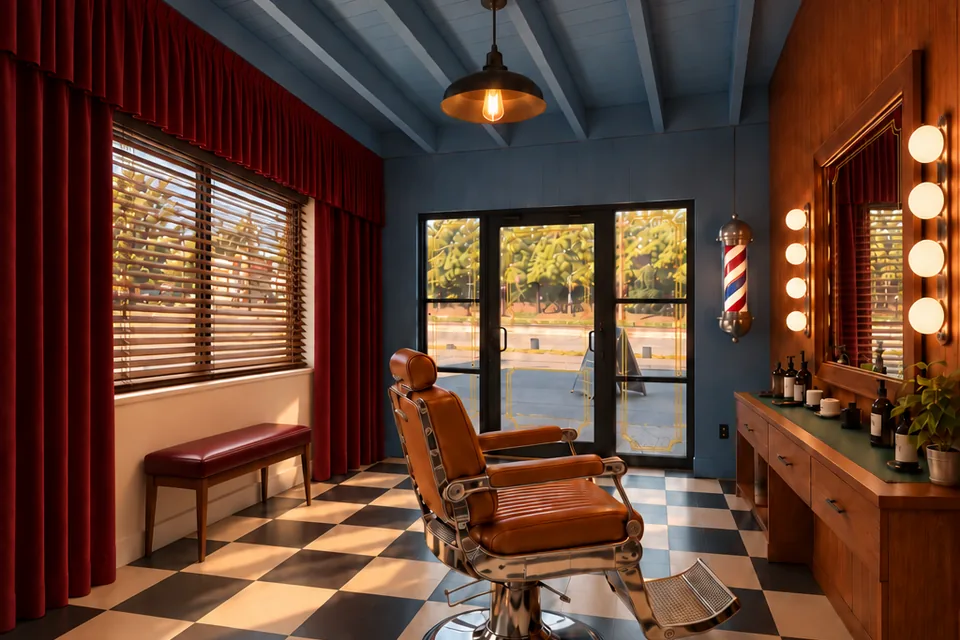 Concept rendering, virtually staged: Storefront 2 at 7195 Manchester as a barber shop, with a leather barber chair, a lit mirror station and the glass storefront entrance