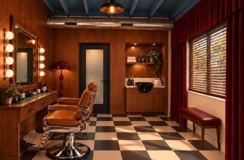 Concept rendering, virtually staged: Storefront 2 at 7195 Manchester as a barber shop, looking toward the back wall with a shampoo station and lit mirror