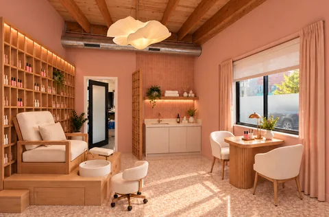Concept rendering, virtually staged: Storefront 3 at 7195 Manchester as a nail bar, looking toward the back wall with product shelving and a manicure table