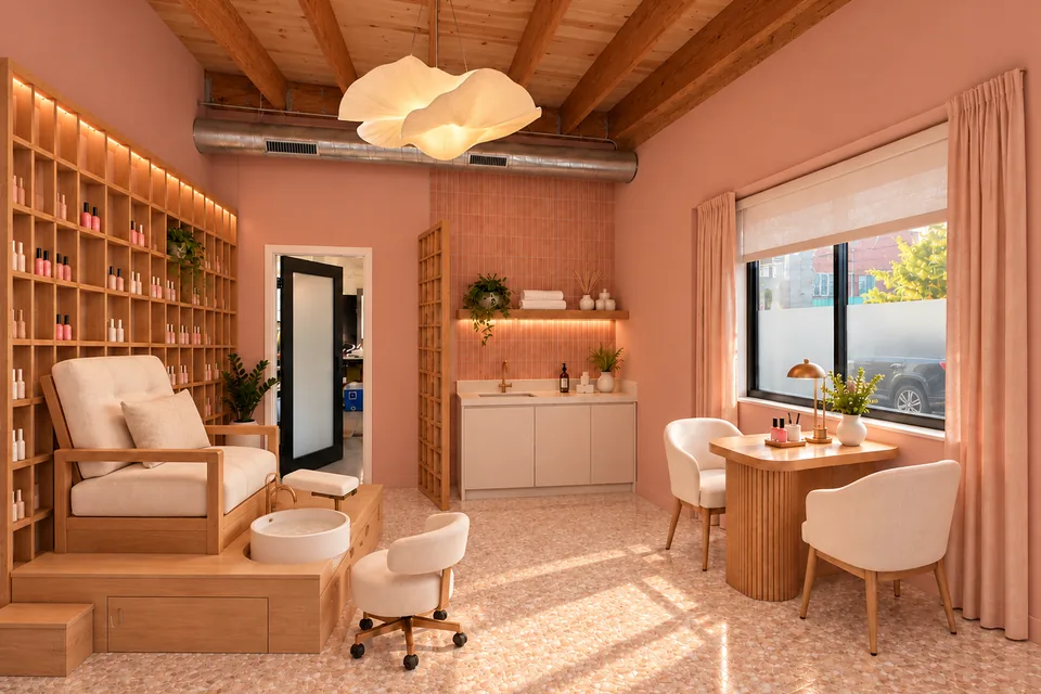 Concept rendering, virtually staged: Storefront 3 at 7195 Manchester as a nail bar, looking toward the back wall with product shelving and a manicure table