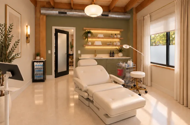 Concept rendering, virtually staged: Storefront 4 at 7195 Manchester as a med spa treatment room, looking toward the back wall with a sink, sage-green cabinetry and shelving