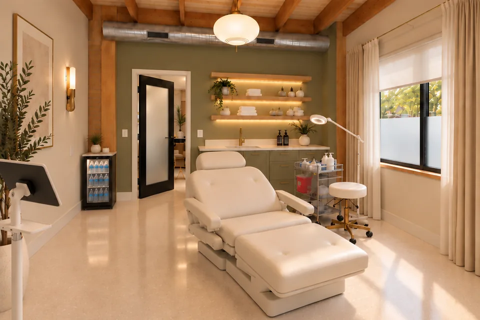 Concept rendering, virtually staged: Storefront 4 at 7195 Manchester as a med spa treatment room, looking toward the back wall with a sink, sage-green cabinetry and shelving