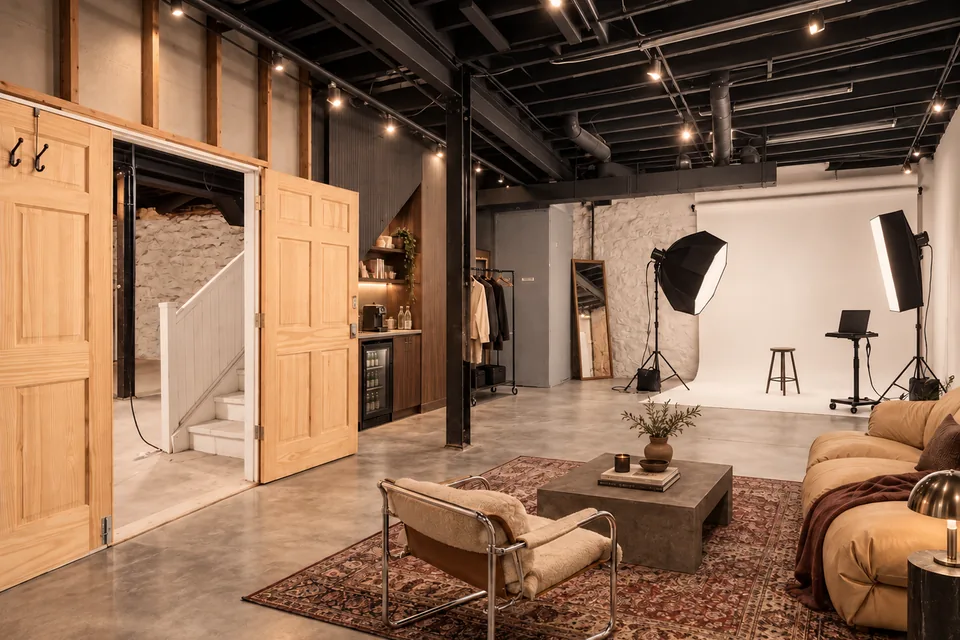Concept rendering, virtually staged: Lower Office 2 at 7185 Manchester as a photo studio with a client lounge