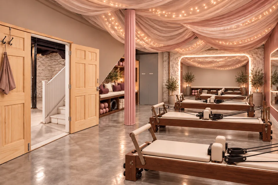 Concept rendering, virtually staged: Lower Office 2 as a Pilates studio with reformers and a lit mirror wall