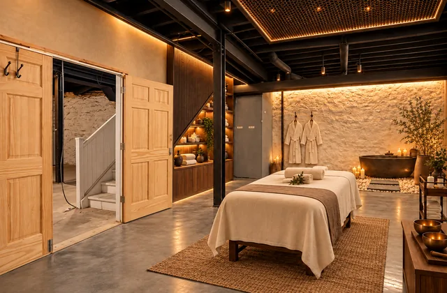 Concept rendering, virtually staged: Lower Office 2 at 7185 Manchester as a spa and massage treatment room