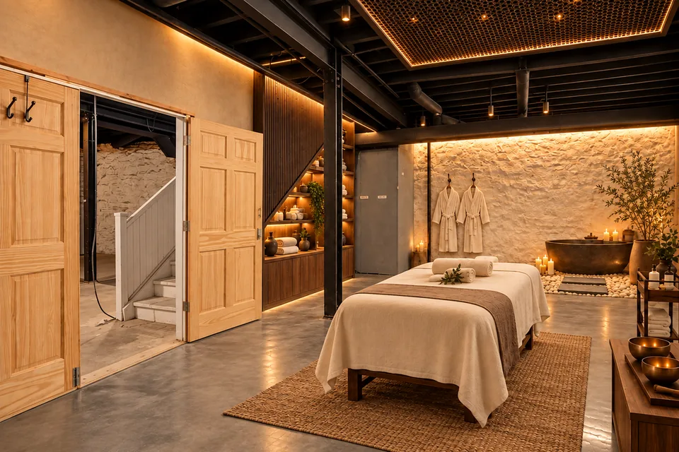 Concept rendering, virtually staged: Lower Office 2 as a spa and massage treatment room