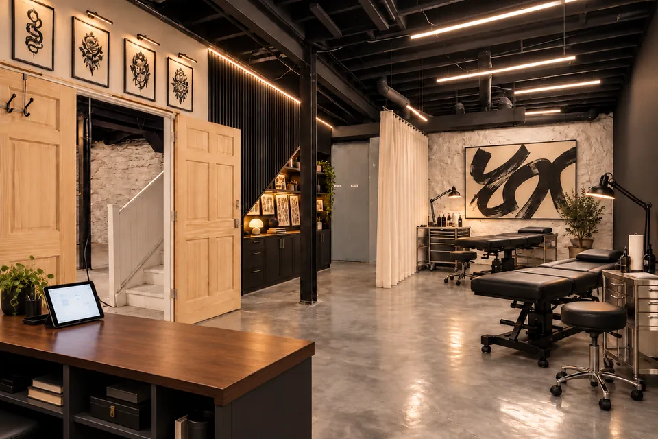 Concept rendering, virtually staged: Lower Office 2 as a tattoo studio with a reception desk and two client beds